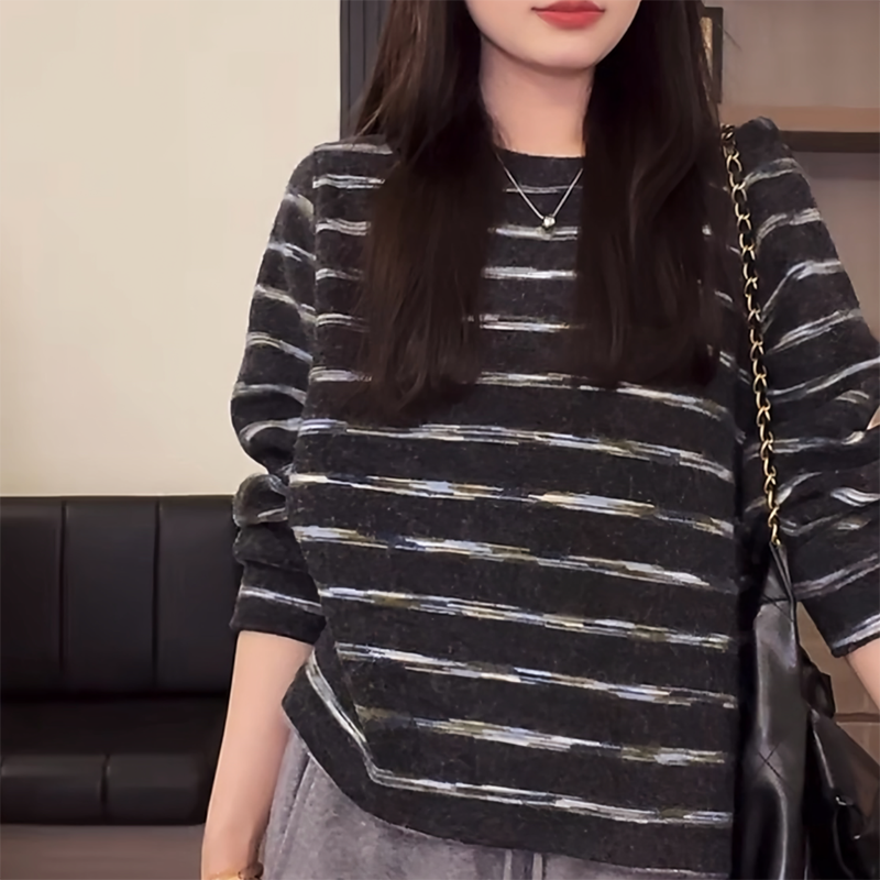 撞色慵懒风磨毛条纹长袖T恤女卫衣宽松休闲百搭显瘦上衣潮ins体恤,淘宝优惠券,粉丝福利购,淘宝优惠卷