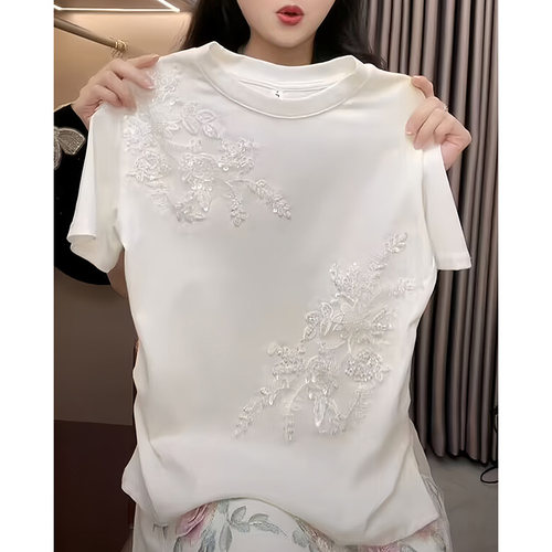国风设计感花朵刺绣短袖T恤女洋气白色高级感上衣打底衫百搭体恤 - 图2