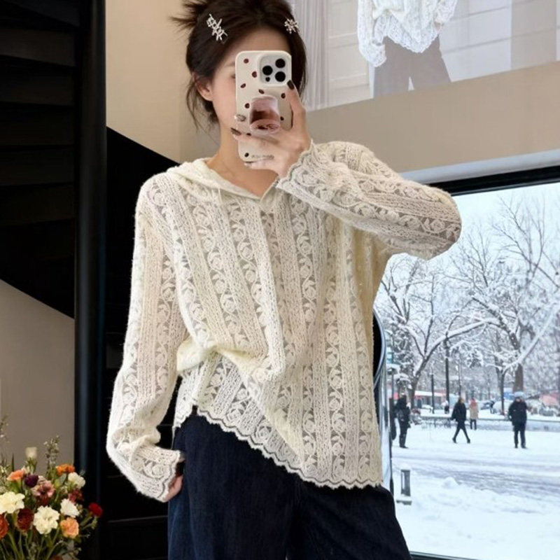 法式气质重工钩花长袖连帽蕾丝衫女开衫春夏季显瘦宽松上衣体恤潮,淘宝优惠券,粉丝福利购,淘宝优惠卷