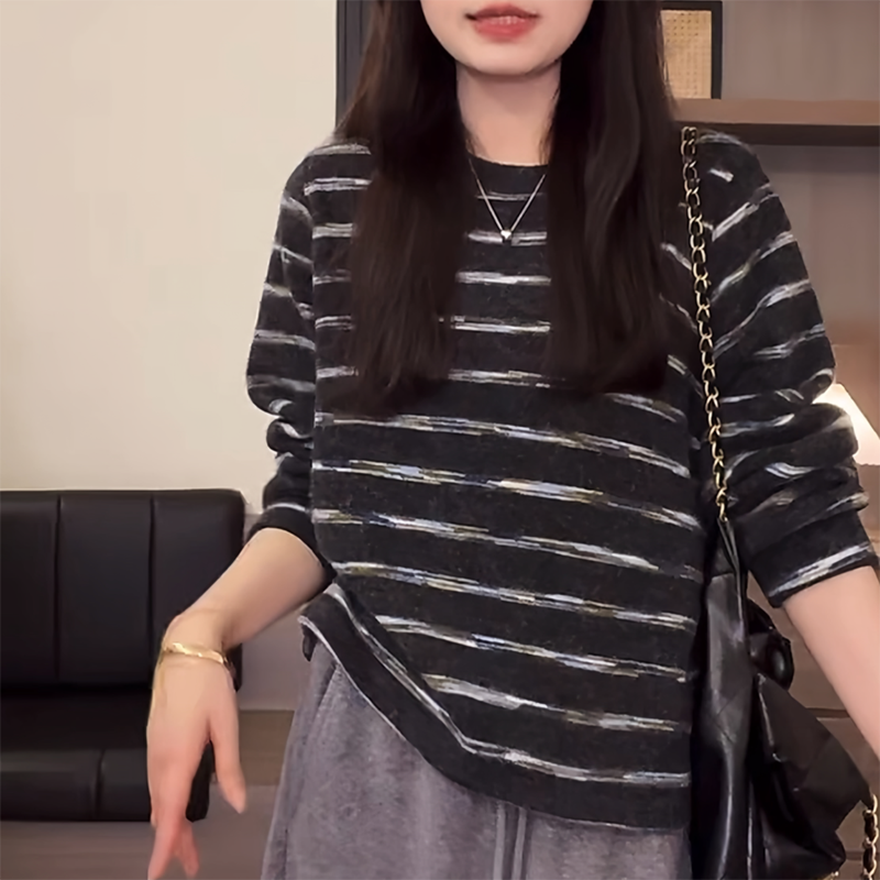 撞色慵懒风磨毛条纹长袖T恤女卫衣宽松休闲百搭显瘦上衣潮ins体恤,淘宝优惠券,粉丝福利购,淘宝优惠卷