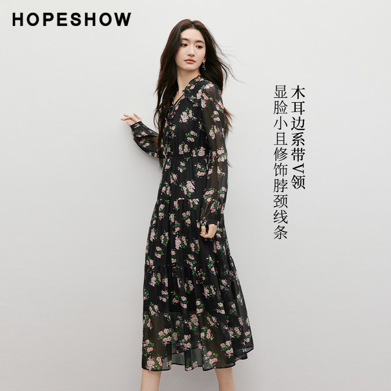 红袖春季2025新款女装玫瑰印花泡泡长袖木耳边系带V领雪纺连衣裙,淘宝优惠券,粉丝福利购,淘宝优惠卷