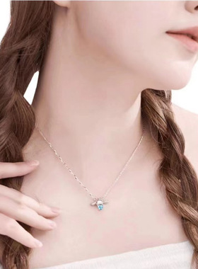 玉桂狗项链可爱大耳狗镶海蓝心钻吊坠女项链学生轻奢小众感