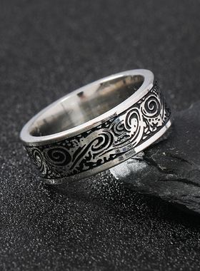 跨境供应钛钢戒指腐蚀抹黑油龙纹不掉色男款不锈钢手饰 饰品