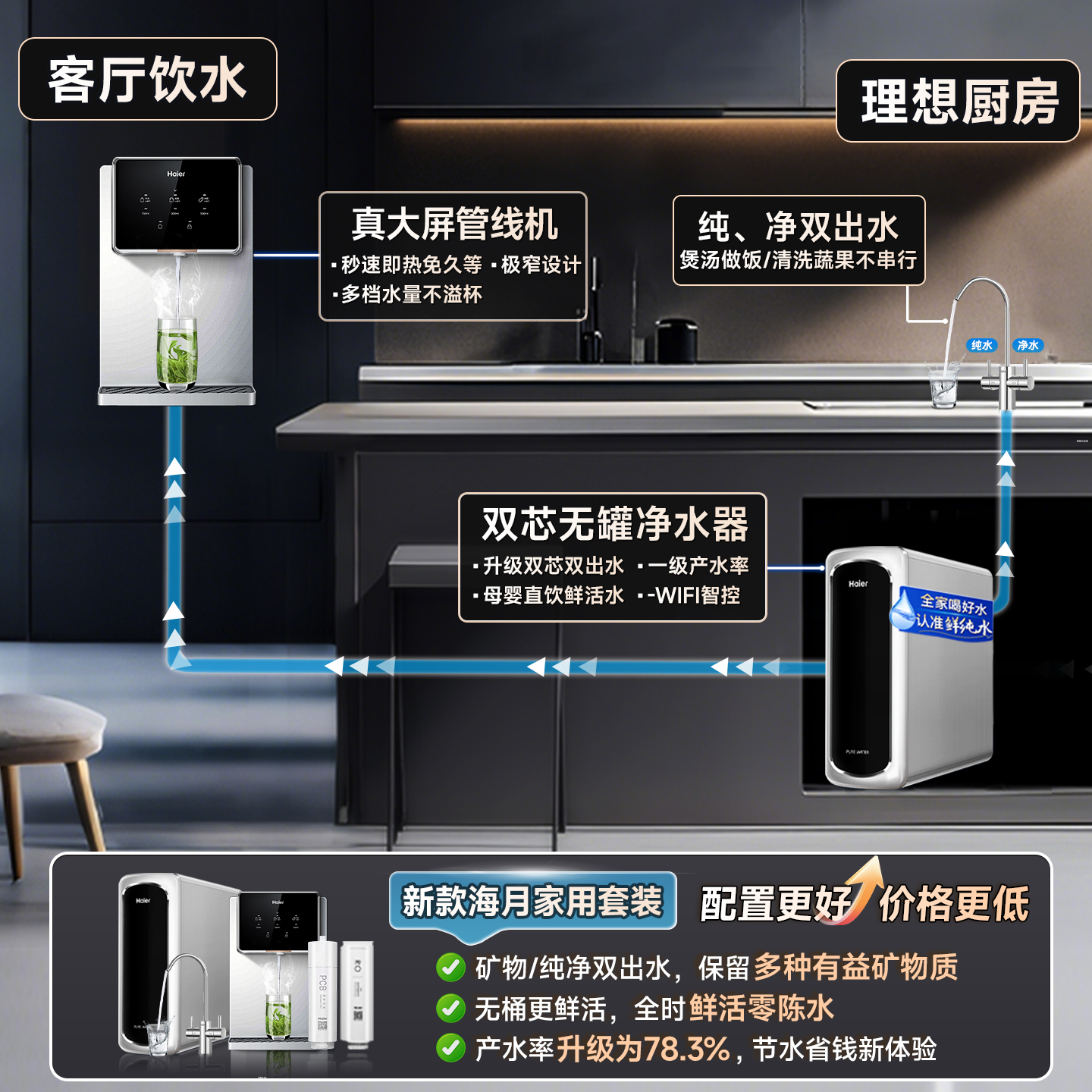 海尔净水器家用直饮厨房自来水过滤净化器RO反渗透管线机加热套装