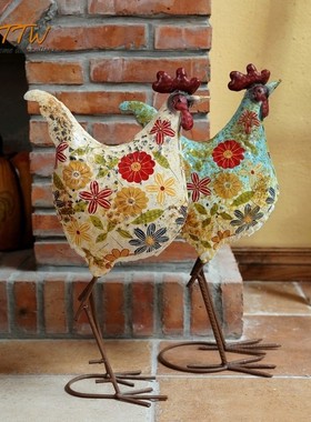 美式乡村铁艺彩色碎花公鸡装饰别墅花园庭院落地店铺装饰软装摆件