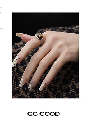 小众复古虎眼石椭圆戒指女高级感指戒2025新款美拉德开口指环原创