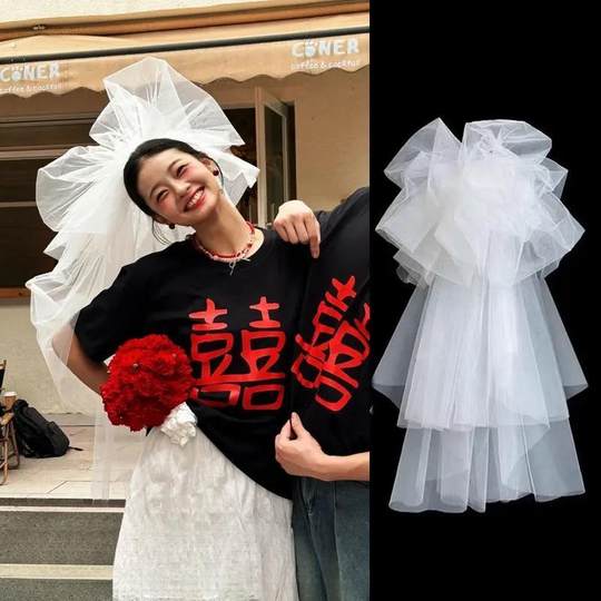 2025新款头纱抓泡云朵蓬蓬头纱韩式新娘摄影造型街拍婚纱跟妆白色