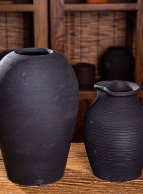 手工黑陶土陶罐粗陶花瓶釉陶器泥瓦罐复古酒店民宿茶室