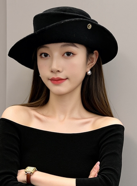 留洋千金法式赫本风黑色圆顶礼帽女秋冬显脸小渔夫帽卷边针织帽子