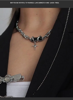 轻奢小众设计黑宝石多层缠绕项链男女钛钢毛衣百搭嘻哈高级锁骨链