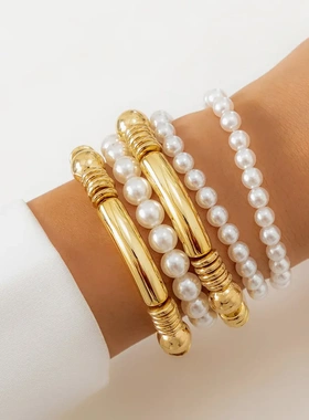 欧美饰品 复古仿珍珠braelet金属感手镯 简约多件套串珠手链