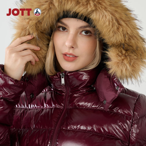 JOTT 专柜正品 | 排骨亮面羽绒服 简约时尚女士毛领连帽短款外套 - 图3