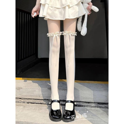 lolita白丝过膝袜女夏季薄款天鹅绒高筒大腿袜夏天袜子花边长筒袜 - 图0