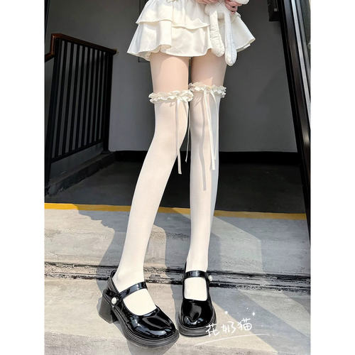 lolita白丝过膝袜女夏季薄款天鹅绒高筒大腿袜夏天袜子花边长筒袜 - 图1