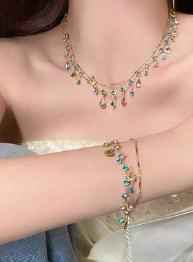 海的女儿~蓝色锆石金色贝壳项链百搭手链小众设计感轻奢首饰