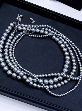 真多麻珍珠项链女银灰色叠戴复古冷淡风颈链轻奢高级感毛衣链