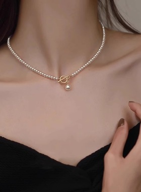 极细贝珠OT扣项链女轻奢小众高亮玻璃仿珍珠锁骨链气质颈链