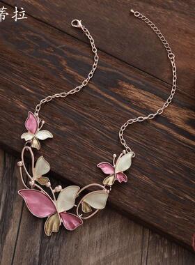 新款彩色画油蝴蝶项链 几何镂空蝴蝶飞舞女士高级感百搭颈链