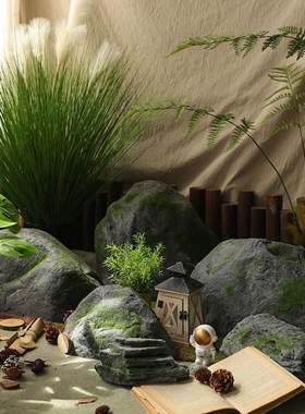 庭院假山仿真石头鱼缸橱窗花园造景楼梯装饰品大型绿植微景观