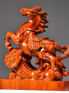 花梨木雕马到成功质十二生肖马家居客厅室装饰工艺品