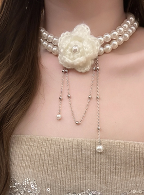 法式毛绒山茶花双层珍珠项链轻奢精致百搭锁骨链高级感气质choker