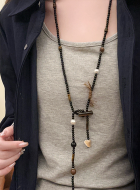 新中式黑色竹子虎眼石串珠项链女2025新款秋冬复古珍珠长款毛衣链