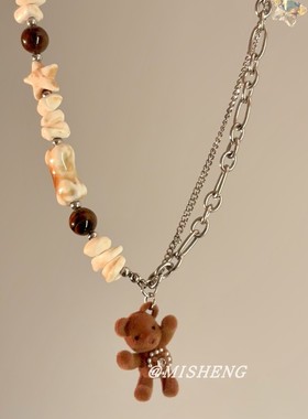 ins风爱心双层米珠小熊精致项链