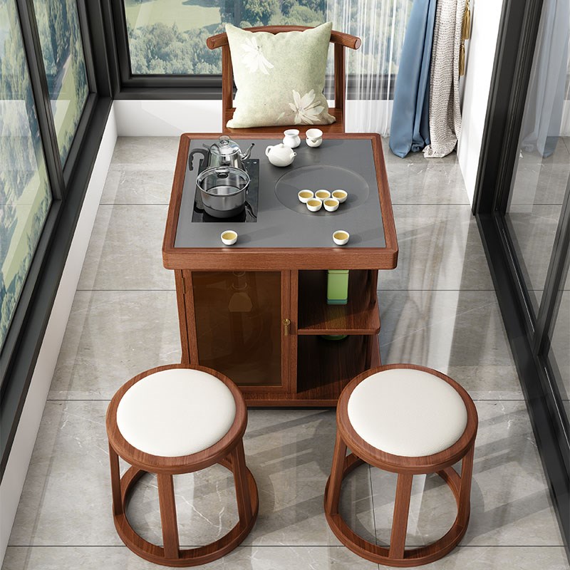 恬梦家居新中式阳台茶桌家用小茶台2024新款移动实木茶桌椅组合 - 图1