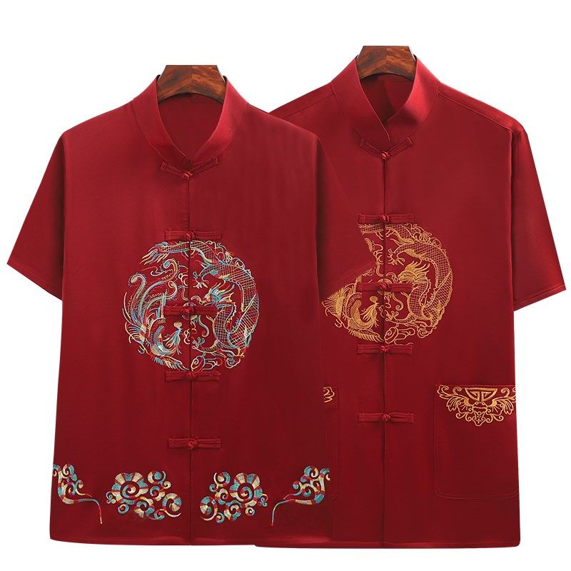 唐装男中老年夏季爷爷奶奶情侣装老人生日过寿爸爸短袖套装婚礼服,淘宝优惠券,粉丝福利购,淘宝优惠卷