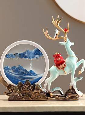 招财鹿流沙画摆件高级感小众玄关客厅酒柜办公室装饰品乔迁礼物