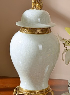 美式青花陶瓷镶铜将军罐摆件客厅奢华摆设品欧式玄关高档工艺品