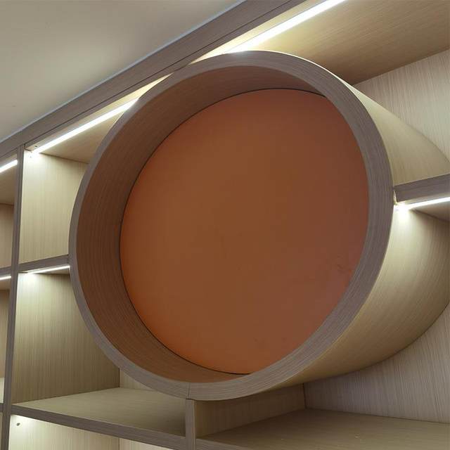 Library special-shaped round arched solid wood bookshelves with lamps, large high-end floor-standing multi-layer grid bookcase in the bookstore