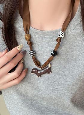 美拉德色系~复古豹纹系脖丝巾项链女小众高级感长毛衣链秋冬配饰