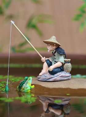 大小号钓鱼翁姜太公钓鱼中式微景观摆件吸水石假山鱼缸造景装饰品