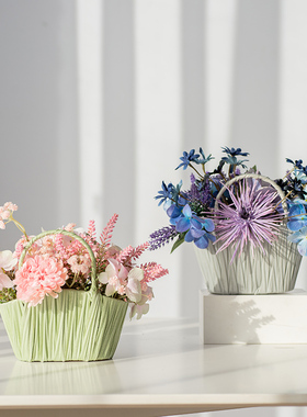 塑料花假花装饰品客厅仿真花家居创意摆设手提草编柳编小花篮