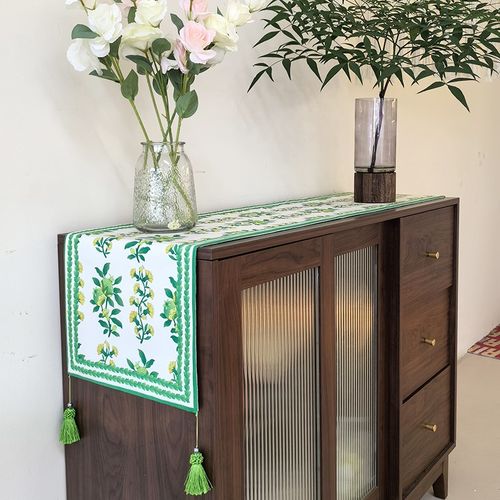 桌旗五斗柜盖巾电视柜茶几盖布复古玄关餐边柜绿色中式田园斗柜布 - 图0