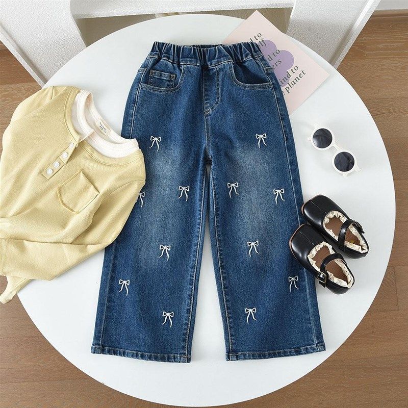 洋气童装春秋款儿童女童弹力直筒牛仔裤 宝宝中大童宽松蝴蝶裤子,淘宝优惠券,粉丝福利购,淘宝优惠卷