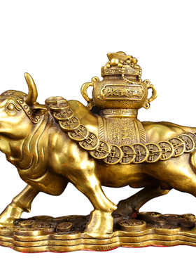 加底铜聚宝盆摆件 元宝铜牛摆件