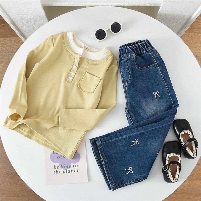 洋气童装春秋款儿童女童弹力直筒牛仔裤 宝宝中大童宽松蝴蝶裤子,淘宝优惠券,粉丝福利购,淘宝优惠卷