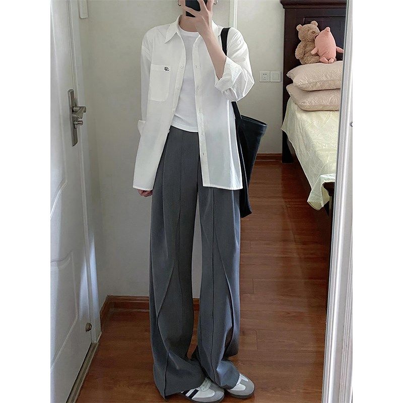 设计感灰色西装裤女秋季新款胖妹妹mm高腰宽松显瘦垂感阔腿休闲裤,淘宝优惠券,粉丝福利购,淘宝优惠卷