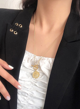 法式复古项链金币浮雕吊坠