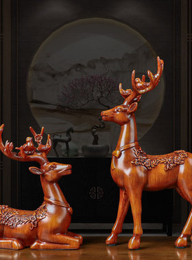 新中式实木雕梅花鹿一对摆件