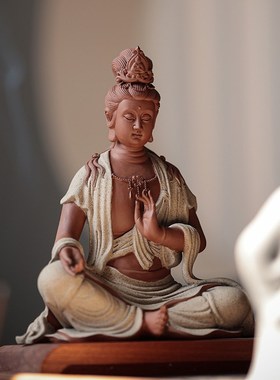 中式禅意紫砂工艺品观世音菩萨佛像摆件家用供奉博古架灯圈装饰品