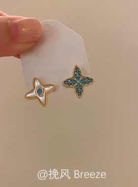 S925纯银四星芒松石贝母耳钉女