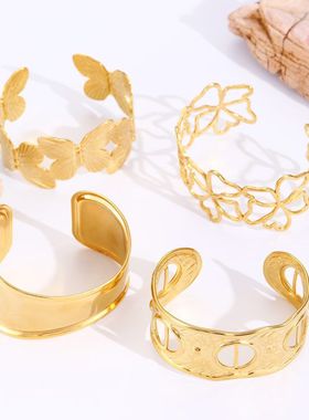欧美不锈钢花朵手镯简约时尚夸张18k真金宽面镯子ins风手镯女手饰