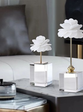 东方禧山茶花水晶摆件客厅电视柜玄关轻奢高档装饰乔迁新居礼品