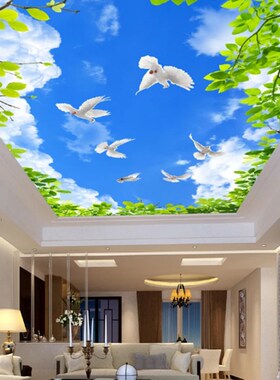 天花板吊顶壁纸自粘墙纸立体壁画墙贴画贴纸蓝天白云天空星