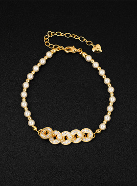 五帝钱币珍珠手链女生马年本命年