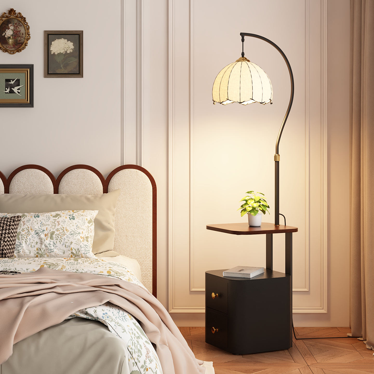 落地灯床头柜一体中古风卧室高级感客厅沙发旁边置物氛围边几台灯 - 图1