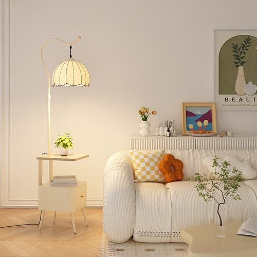 中古风卧室床头柜台灯落地灯客厅沙发旁边高级感置物架一体氛围灯 - 图0